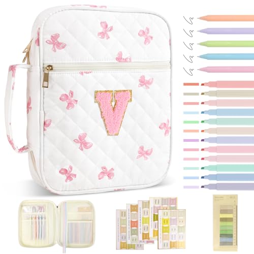 Personalized Initial Bible Cover Case for Women Girls Kid - Large Quilted Bible Case with Handle,Chenille Letter Bag Study Supplies,Christmas Gifts for Christians Birthday Graduation(Pink Bow-V) - color: Pink Bow, size: letter-V