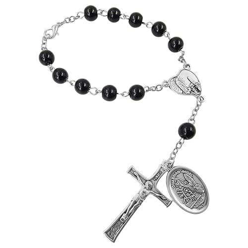 TALISMAN4U St. Michael Guardian Angel Medal Rosary for Car Rearview Mirror - color: Black Rosary Beads
