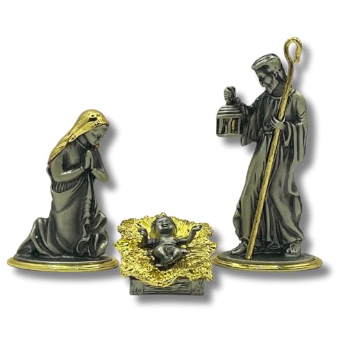 Metal Nativity 3-Piece Holy Family Gold Pewter 4.5in