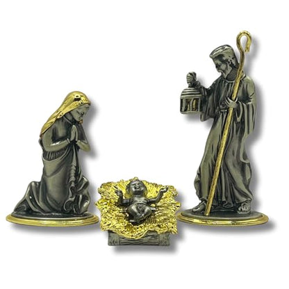Metal Nativity 3-Piece Holy Family Gold Pewter 4.5in