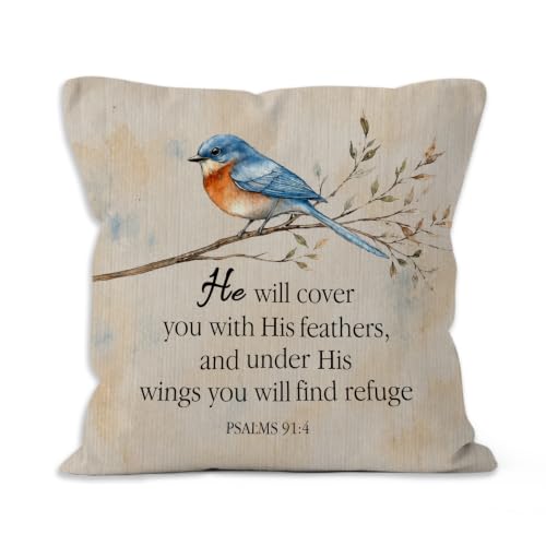 Farmhouse Christian Bible Verse Blue Bird Throw Pillow Cover 18x18 - color: Christian