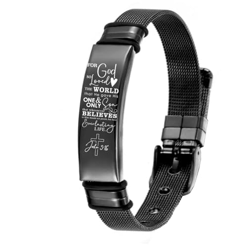 Personalized Cross Bible Verse Bracelets Inspirational Christian Wristbands Catholic Religious Jewelry Gifts for Him/Men Son/Dad/Boyfriend/Husband Adjustable Stainless Steel Bracelet - color: BLACK JONH 3:16