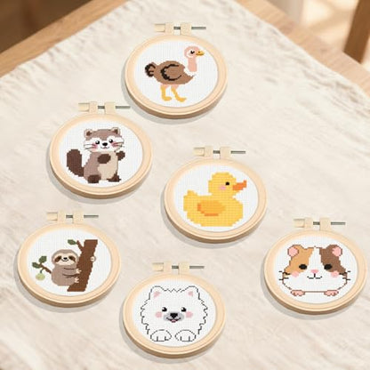 57lilina Easy Embroidery Kit for Kids Beginners, 6 Set Cute Stamped Pattern - color: Duck+Raccoon+Ostrich+Guinea Pig+Sloth+Samoyed