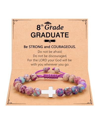 UPROMI Cross Bracelet for Girls Baptism Communion Confirmation Gifts, Kindergarten/Preschool/5th Grade/8th Grade Graduation Gifts - style: 8th Grade Grad