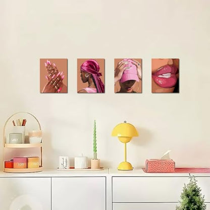 Pink Bedroom Wall Decor Black Girl Wall Art Canvas Prints Set of 4 - color: Framed 8"x10" Pink Black Women Wall Art Set of 4