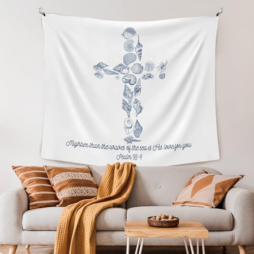 XLDLIOO Christian Ocean Tapestry, Bible Verse Beach Coastal Cross Sea Shell Wall Tapestry Hanging for Beachy House Bedroom, Blue Easter Tapestries Wall Decor Art for Church Prayer Room 50x60in - color: seashell