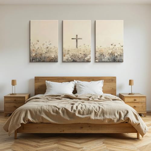 QKYKISS 3Pcs Jesus Wall Art Nature Wildflowers Cross Canvas Poster Religious Pastoral Scenery Picture Rustic Meadow Mural Country Flowers Art Print Living Room Bedroom Office With wooden frame12x16in - color: Religious Cross, size: 12x16 Inches