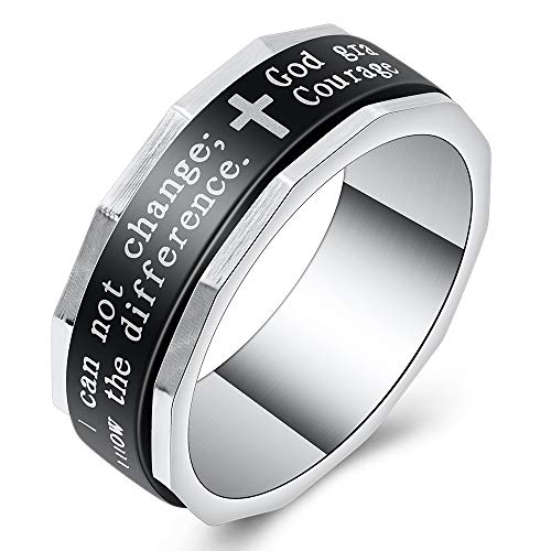 Lords Prayer Cross Spinner Rings Men's Womens Stainless Steel Religious Fidget Bands for Easter Christmas Birthday, Size 7-12 - color: god grant me