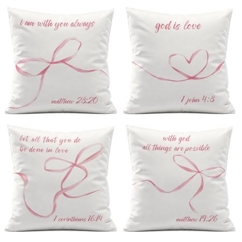 Pink Ribbon Bow Bible Verse Throw Pillow Covers,Coquette Room Decor,Inspirational Pillow Covers for Bedroom Living Room Decor,Christian Gifts for Women Teen Girls,18x18 Inch Pillowcase Set of 4 - color: I Am With You Always