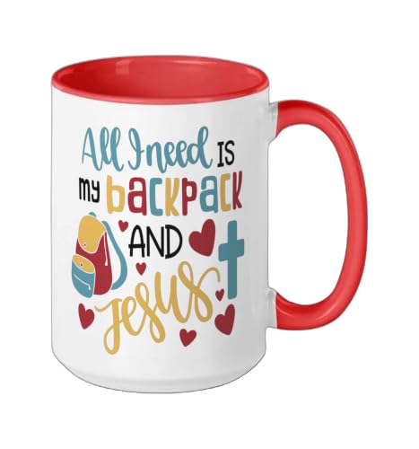 All I Need Is My Backpack and Jesus School Christian Kids Ceramic Mug, Red/White, 15oz - color: Red/White, size: 15 Ounces