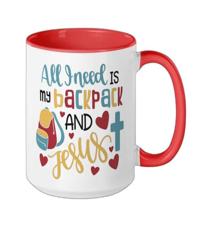 All I Need Is My Backpack and Jesus School Christian Kids Ceramic Mug, Red/White, 15oz - color: Red/White, size: 15 Ounces