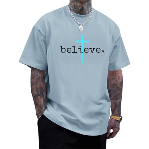 BeWithYou Christian Shirts for Men Vintage Faith Jesus God Tshirt Inspirational Cross Bible Verse Shirt Oversized Graphic Tee - color: Light Gray Blue, size: Small