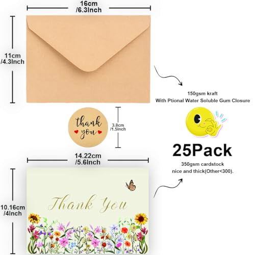 WowBefun 25 Pack 350GSM | Floral Thank You Cards | Thank You Cards with Envelopes | Small Thank You Notes & Cards for Wildflower, Watercolor & Wedding - color: B Style 25pc