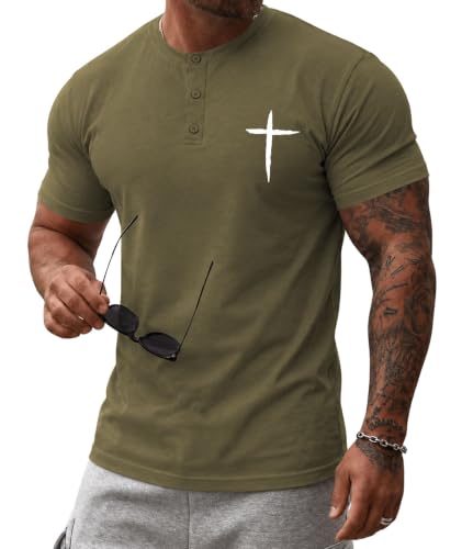 KESIHAN Christian Henley T Shirts for Men Cross Graphic Faith Casual Tee - color: Armygreen-6, size: Large
