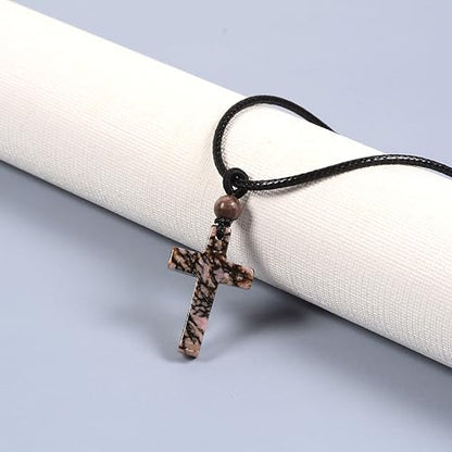 Justinstones Natural Gemstone Carved Cross Reiki Chakra Pendant Necklace 22 Inch - color: 30mm Matrix Rhodonite