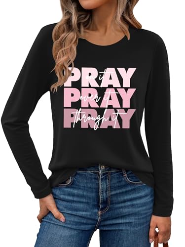 Christian Shirts for Women: Faith Over Fear T Shirt Religious Graphic Tee Bibel Verse Long Sleeve Tops - color: Black, size: Small