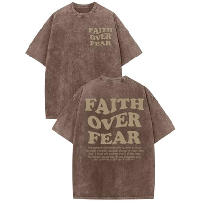 Christian Shirts for Men Faith Over Fear Oversized Tees - color: Coffee, size: Large