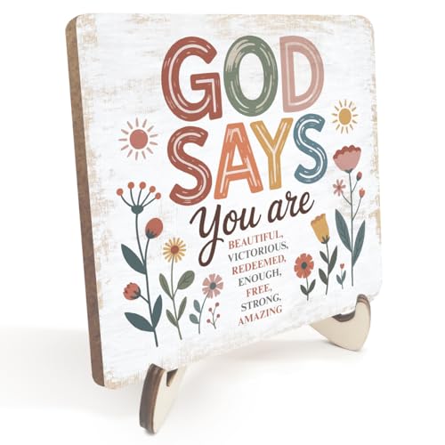 Christian Gifts Desk Decor, Rustic Wood Sign, Boho Faith Religious Bible Verse Quotes Decorative Desk Accessories for Home House Decor Office Accessories Bohemian Floral Table Shelf Wooden Sign - color: GodSays