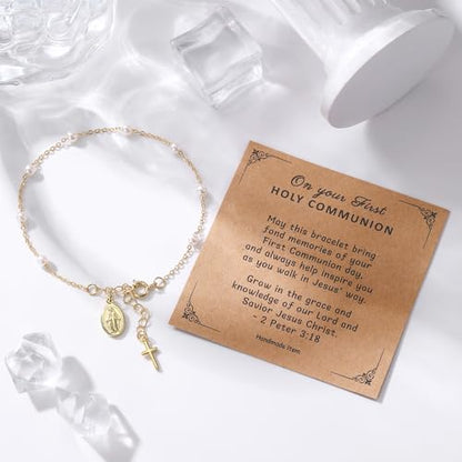 Rosary Bracelet for Women, Dainty 14K Gold Plated Virgin Mary Cross Charm Bracelet Catholic First Communion Baptism Religious Gifts for Her - color: Style B：First Communion