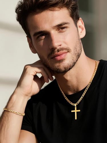 NORBU Stainless Steel Cross Necklace and Bracelet Set for Men, Cuban Link - color: Gold Figaro