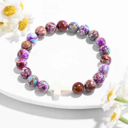 VIBILIA Cross Beaded Bracelets for Women, Birthday Gifts - color: D 1. Cross - Purple Imperial