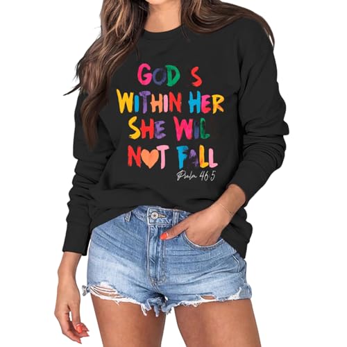 Wrenpies Christian God Is Within Her Sweatshirts for Women Jesus Faith Bible Verse Shirts Inspirational Hoodie Pullover Tops - color: Black, size: X-Large