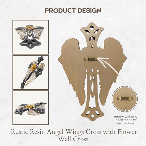 Angel Wings Cross with Flower - Decorative Resin Wall Cross Crucifix Plaque