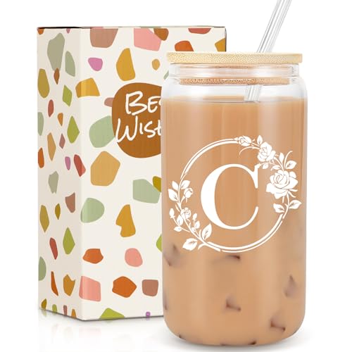 Birthday Gifts for Women, Monogrammed Initial Glass Cup Personalized Gifts for Women, 16oz Glass Cups with Lids and Straws, Iced Coffee Cup, Beer Can Shaped Glass - Gifts for Mothers Day, Christmas, C - style: C