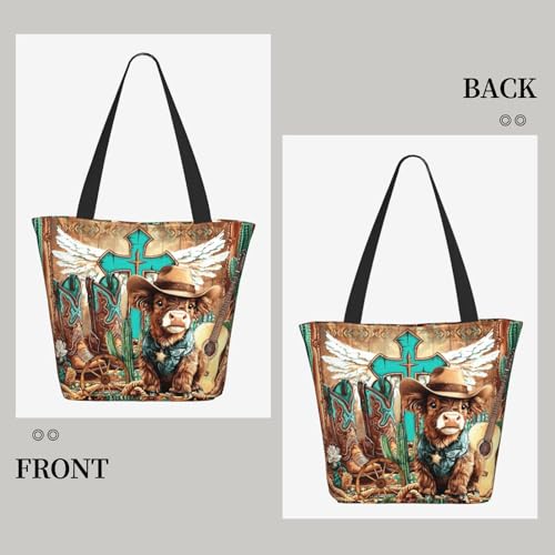 Funny Christian Tote Bags For Women With Zipper Christian Gifts For Work Gym Travel Beach Women With Large Capacity - color: Highland Cow