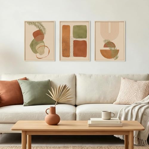 HOURIA Terracotta Sage Green Palm Leaf Framed Canvas Wall Art Set-12"x16"x3 - color: Boho Botanical Wall Art, size: 12"L x 16"W