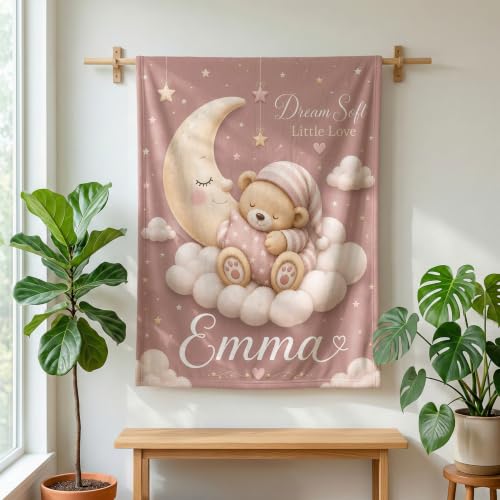 Personalized Baby Blanket With Name, Custom Baby Blankets Gift for Boy Girl - color: Blush Pink, size: Bear