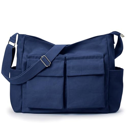 KALIDI Canvas Tote Bag Zipper Large Crossbody Shoulder Bag Messenger Bag - color: Upgraded Deep Blue