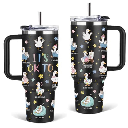 Autism Awareness Duck Gifts for Women, 40oz Tumbler with Handle & Straw - color: Duck