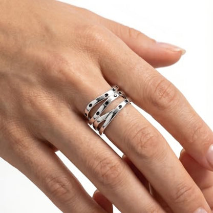 S925 Sterling Silver Open Ring for Women, Platinum Plated Adjustable Cross Line Band Minimalist Finger Jewelry Gift for Birthday
