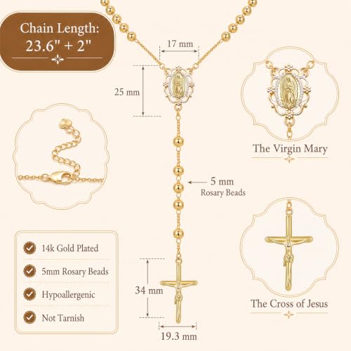 Women's Gold Rosary Beads Necklace,14K Gold Plated Virgin Mary Y Necklaces - color: Gold - Style 2