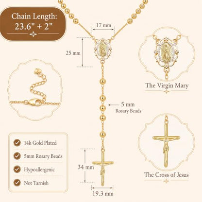 Women's Gold Rosary Beads Necklace,14K Gold Plated Virgin Mary Y Necklaces - color: Gold - Style 2