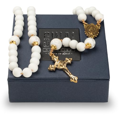 Catholic Rosary with Natural White Marble Gemstone Beads, Elegant Gold Brass Crucifix and Medal Catholic Prayer beads
