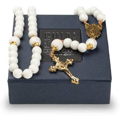 Catholic Rosary with Natural White Marble Gemstone Beads, Elegant Gold Brass Crucifix and Medal Catholic Prayer beads