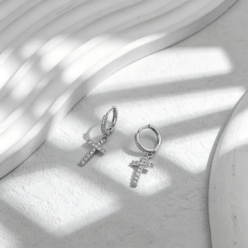 NEWITIN CZ Cross Earrings for Men Women 14K Gold Plated Huggie Hoop Earring - color: Silver B