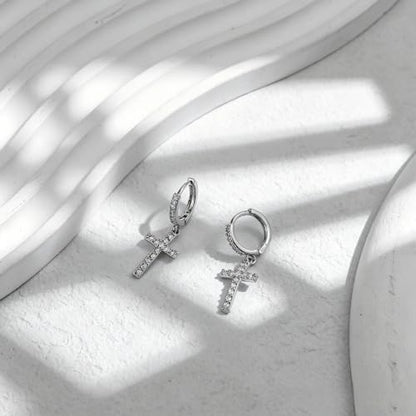 NEWITIN CZ Cross Earrings for Men Women 14K Gold Plated Huggie Hoop Earring - color: Silver B