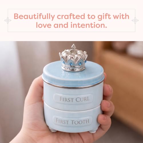 DEMDACO Blue Prince Crown First Tooth and Curl Keepsake Box, Ceramic