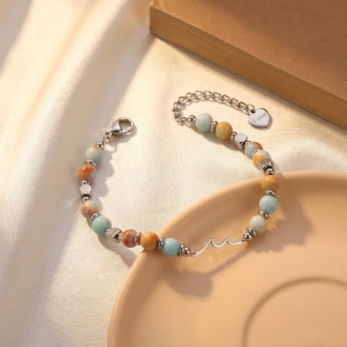 Bracelet for Women Natural Stone Beaded, Stainless Steel Charms, Adjustable - color: 2-Wave
