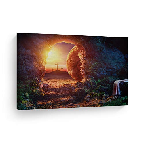 Smile Art Design Christianity Canvas Wall Art Crucifixion At Sunrise Empty Tomb With Shroud Resurrection Of Jesus Christ Religious Living Room Bedroom Office Christian Gift Ready to Hang - 19x28 - color: Christian Canvas Wall Art H32, size: 28"L x 19"W