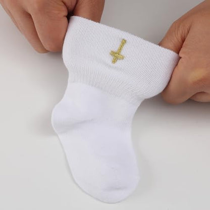 Baptism Socks for Baby Girls - White Newborn Christening Socks With Cross & Eyelet Frilly Lace - color: Gold