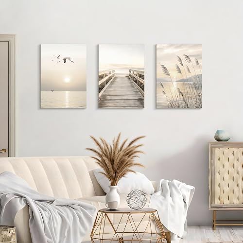 WENGTIAO Seascape Wall Art Beige Reeds Sunset Canvas Paintings 16"x24"x3 - color: Peaceful Bridge Beside Sea, size: 16"x24"x3Pcs