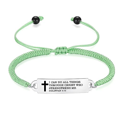 Bible Verse Bracelet-Stainless Steel Scripture Quotes Inspirational Bracelet Faith Christian Bracelet for Women, Christmas gift for women - color: Braided rope-Green