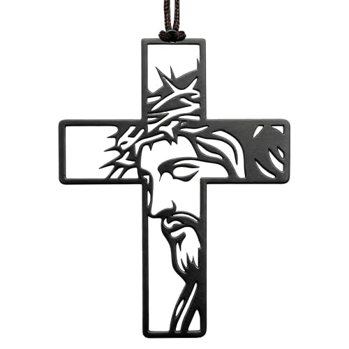 Matte Black Iron Religious Hanging Ornaments – Decorative Cross, Heart, and Faith-Inspired Symbols for Home or Auto Décor – Religious Gifts with Natural Brown Cord - color: Jesus