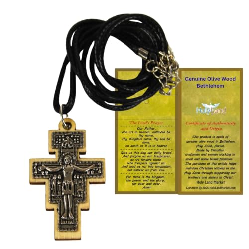 Holy Land Market San Damiano Olive Wood Cross Necklace – 2" Hand-Carved Pendant with Embedded Pewter Crucifix – 30" Leather Cord with Extender – Made in Bethlehem