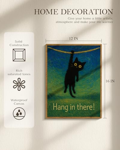 WHASAYART Funny Black Cat Hanging with Uplifting, Hang in There Quote Framed Wall Art, 12x16 Positive Inspirational Cute Animal Canvas Print, Motivational Pet Painting Room Bedroom Office Wall Decor - color: Hanging