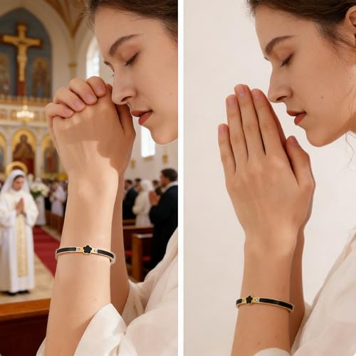Fullrainbow Bible Verse Bracelet Religious Daily Bible Verse NFC Bracelet for Women, Gold Plated Bangle Bracelets with Black Enamel Flower Design and Crystal Accents (gold)